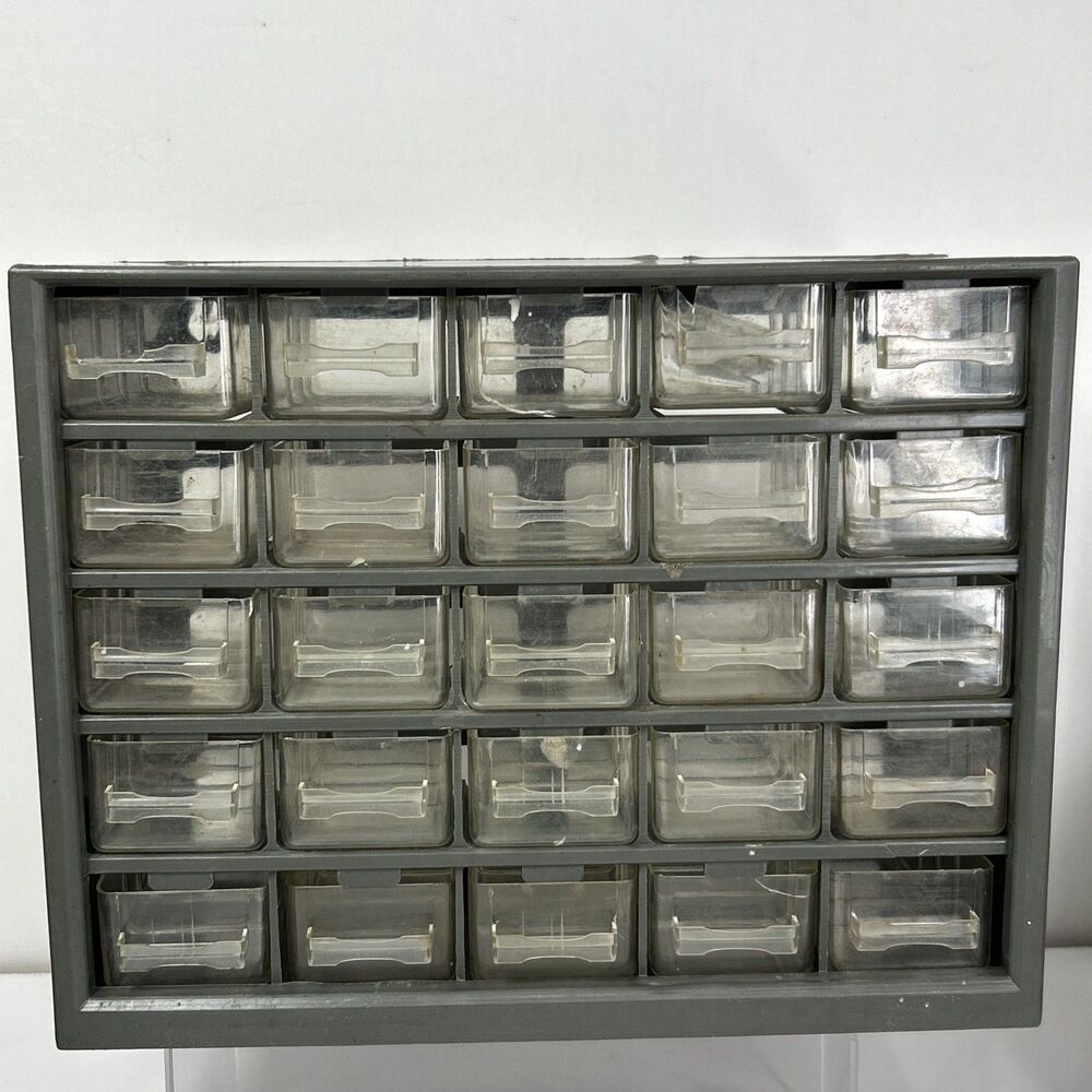 Vtg 25 Drawer Gray Plastic Organizer Storage Bin Clear Cabinet Crafts